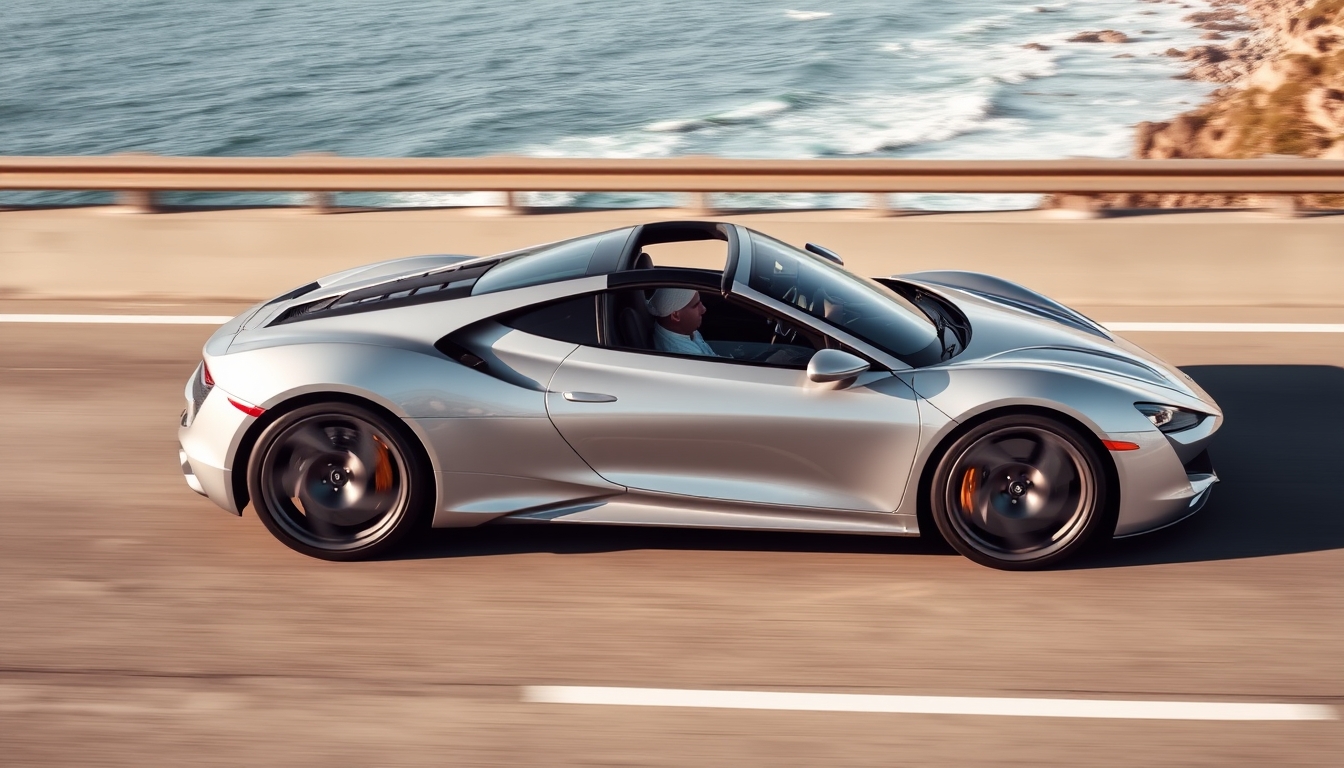 A sleek sports car with a glass roof driving along a coastal highway.