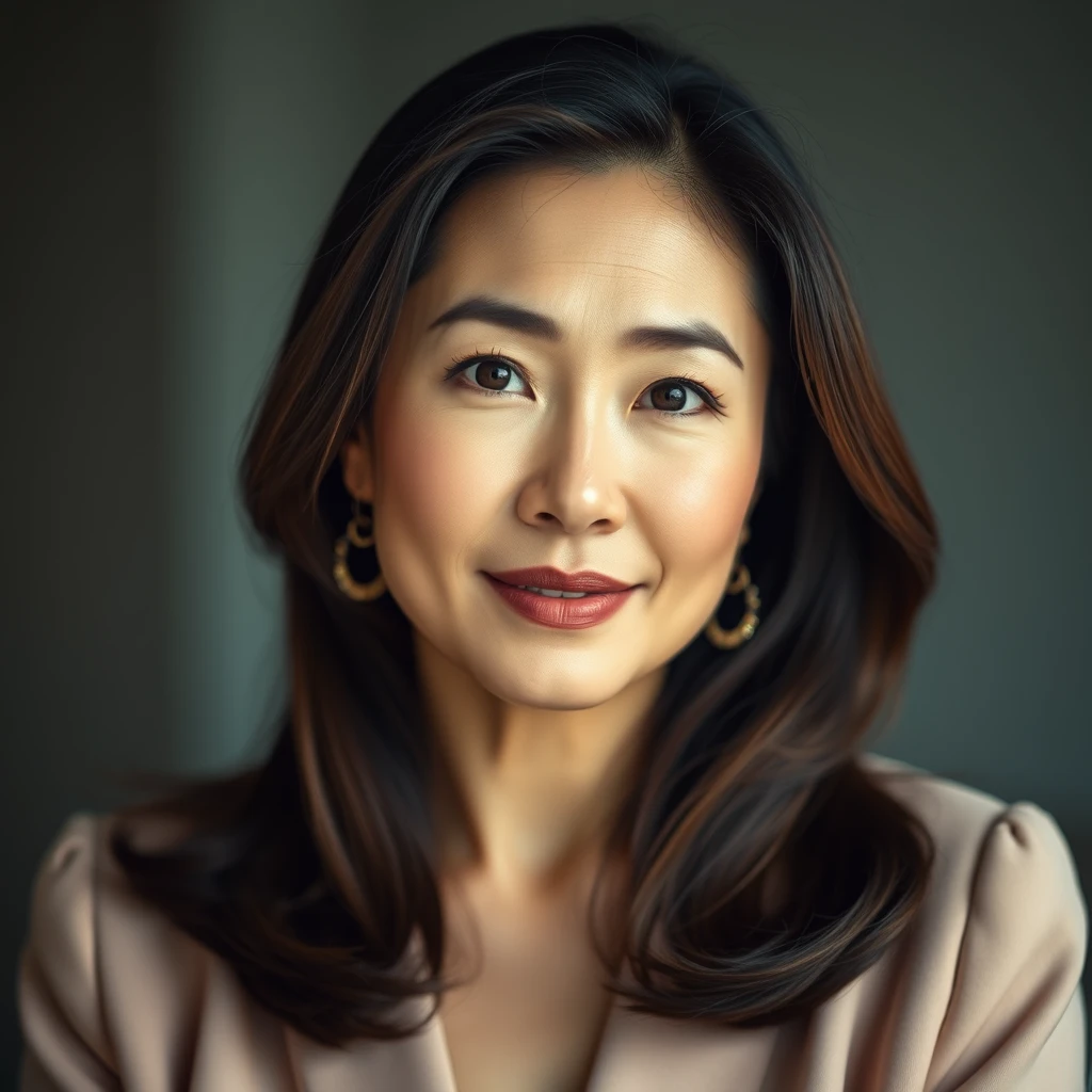 A captivating photo of a middle-aged Korean woman, exuding confidence and elegance. Her radiant skin and mesmerizing piercing eyes draw the viewer in, captivated by her magnetic presence. - Image