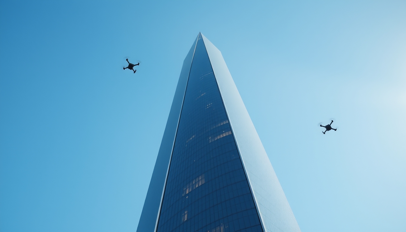 A towering skyscraper with sleek, reflective surfaces and innovative design elements, set against a clear blue sky with flying drones in the distance.