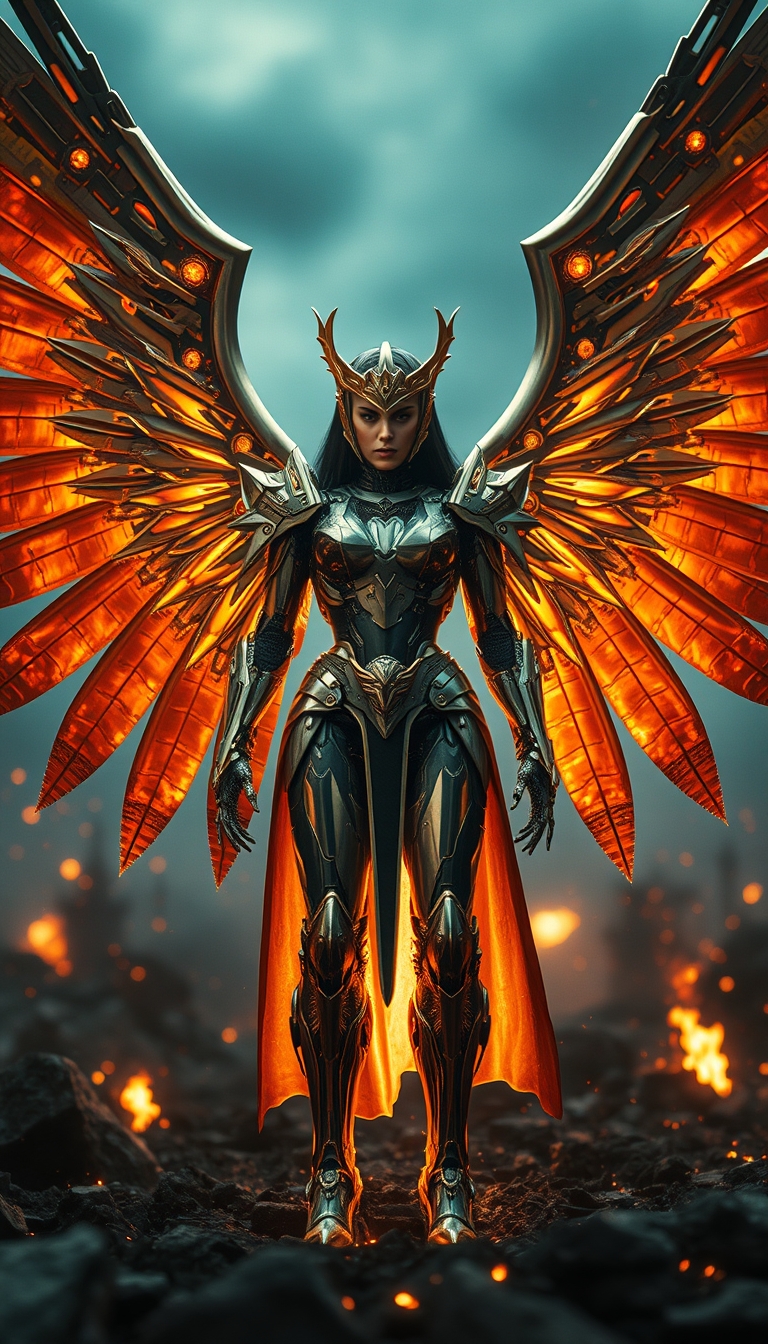 Cinematic shot of a cyborg female battle angel rising from ashes, golden regal Valkyrie armor, futuristic, standing on a battlefield, movie scene, film grain, realistic, shot from below, dark lighting.