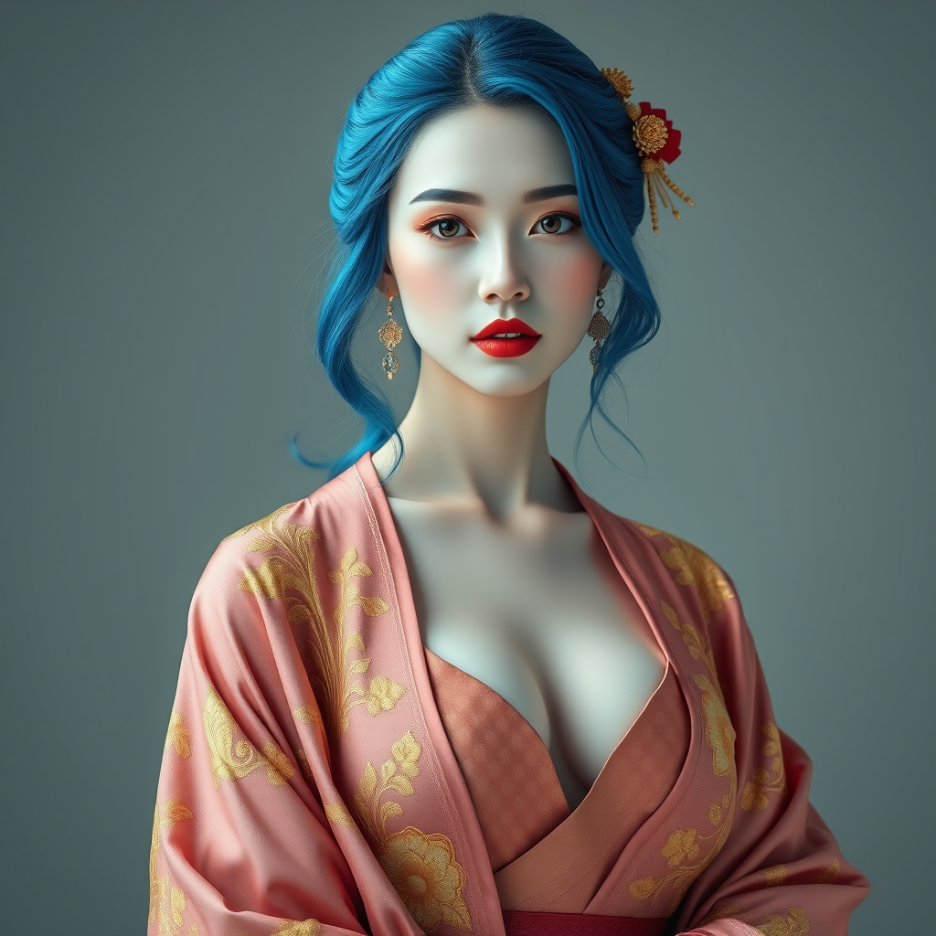 An elegant woman with a Japanese dress, blue hair, white skin, cleavage. She is posing. Her outfit is adorned with gold embroidery. A masterpiece in 8K ultra. - Image