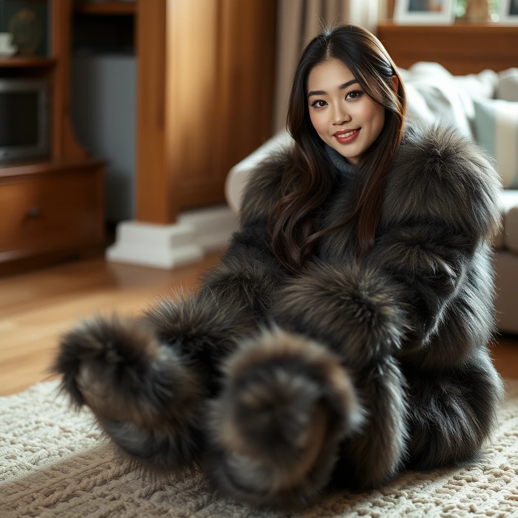 A beautiful Asian woman is starting to wear furry clothing from her feet, in a photo album style.