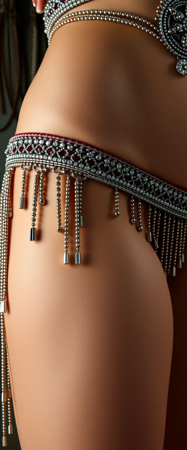 A close-up DSLR mirrorless photo of the muscular thigh of a highly beautiful tall muscular Indian-Korean belly dancer with white skin.