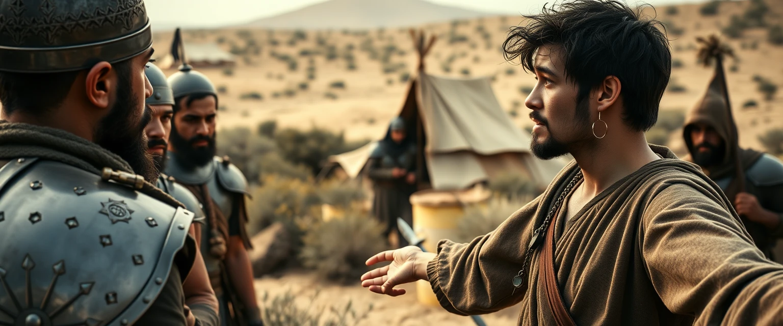 Create a scene of two men facing and staring at one another's right eye. The man on the right is a young Jewish man in his mid-20s, dressed as a simple shepherd with his arms stretched out to the sides. He has dark, messy, unkempt hair and a beard, and he looks shocked. The man on the left is a slim Jewish man in his mid-30s, sporting a Jewish beard and wearing only a simple biblical-era Israelite armor. A group of four ancient biblical-era Israelite soldiers is crowding around the man on the left. In the background are Arabic army tents pitched on a desert shrubland. The overall mood of the image is one of anxiety and concern. - Image