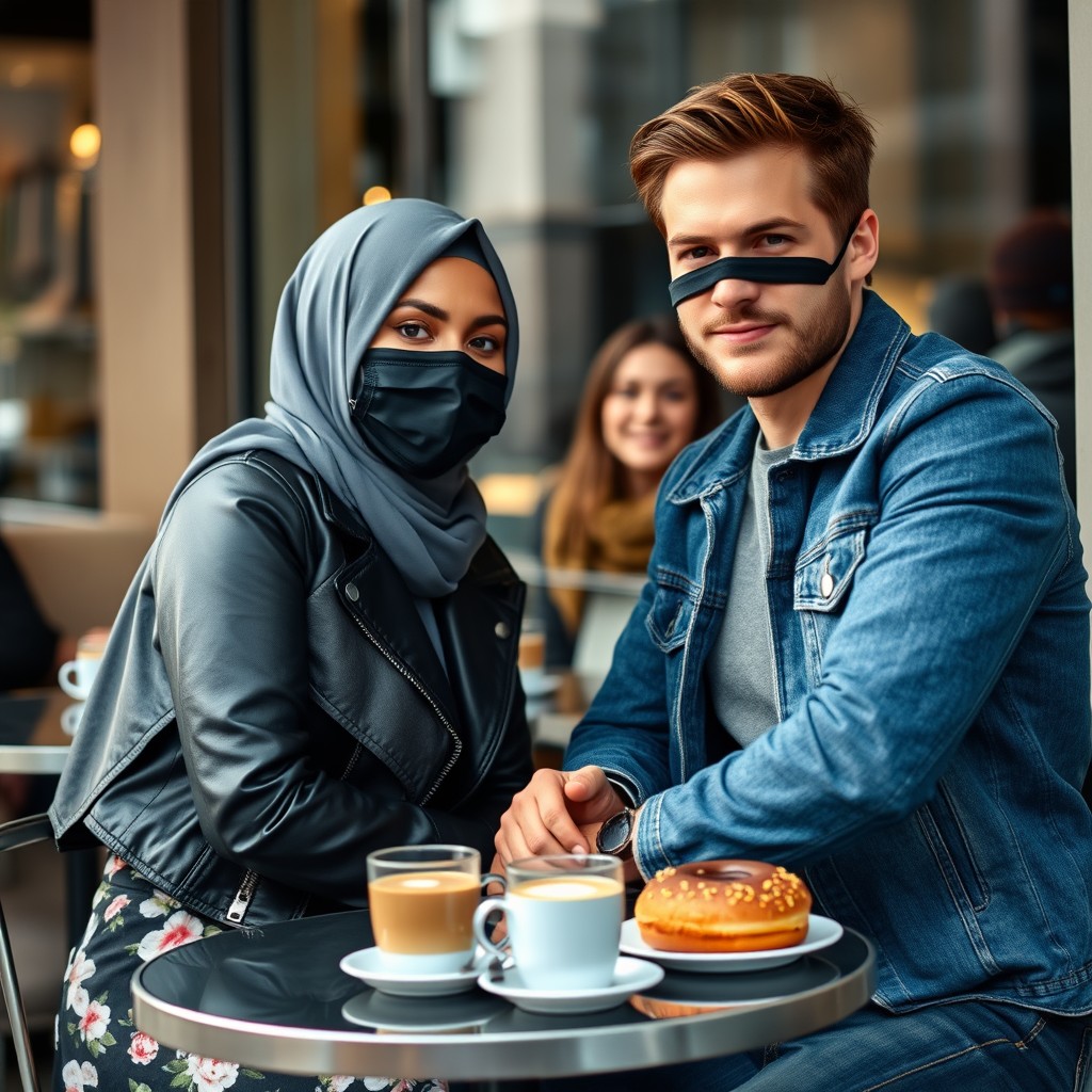 Jamie Dornan's head and body shot, handsome, black face mask, blue jeans jacket, jeans, dating a lovely Muslim girl in a grey hijab with beautiful eyes, black face mask, black leather jacket, biggest floral skirt, at a café, with 2 cups of latte, muffin cake, and chocolate donut on a table, with another 3 friends smiling in the back, photorealistic, hyper-realistic, street photography, selfie.