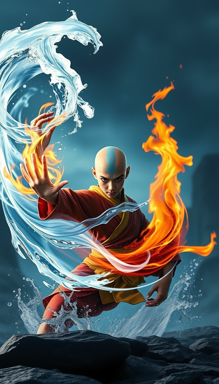 Aang from Avatar is realistic, he's bending air, water, fire, and earth, in a dynamic scene. - Image