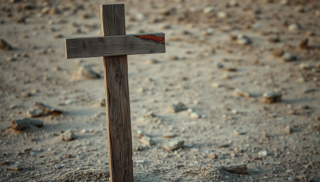 A cross made of wooden planks. The wood is crumbling away with signs of bad wet rot and dry rot. The cross is standing in a barren desert landscape. The overall feel is depressing and desolate. - Image