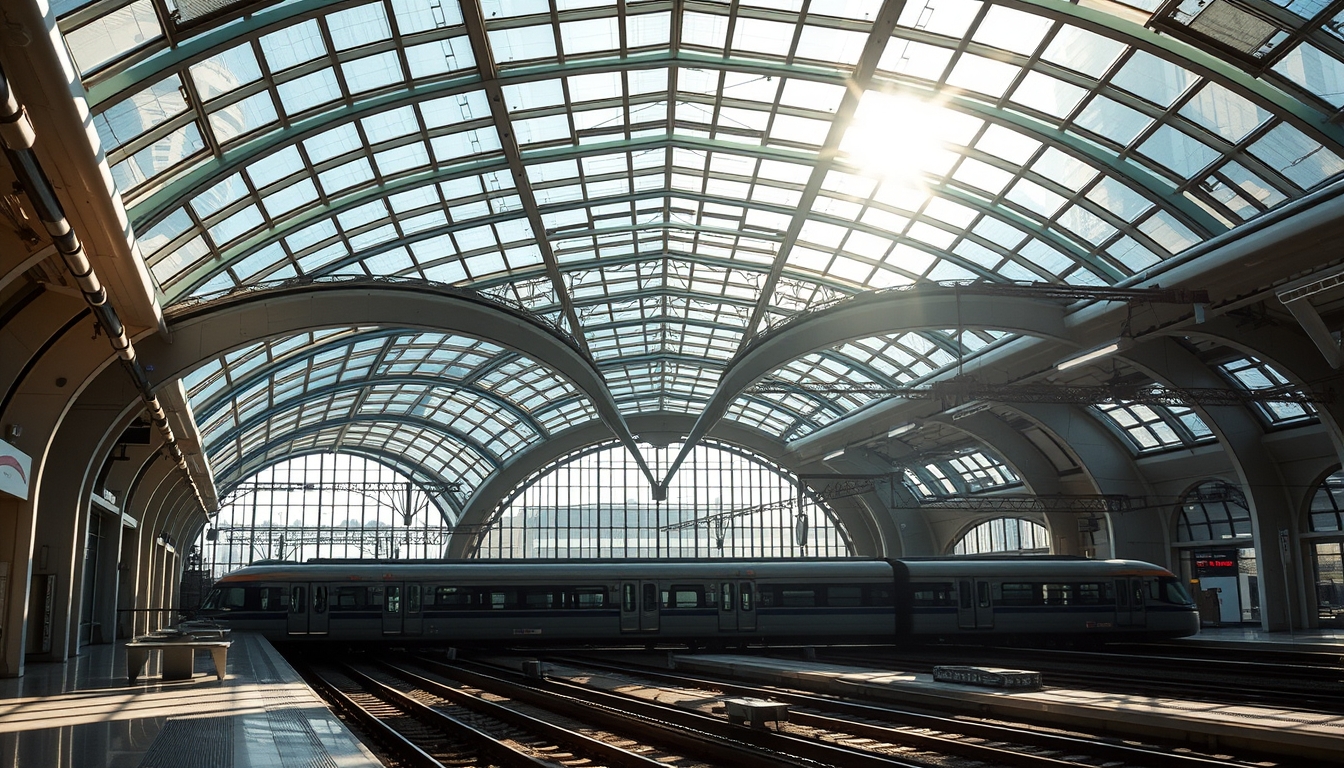 A futuristic train station with glass ceilings and walls, sunlight streaming in.