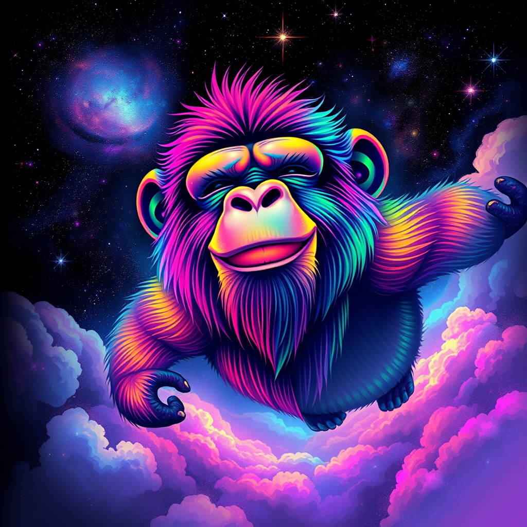 A captivating digital painting of a happy ape soaring through a dreamy, cosmic landscape. The ape sports a vibrant rainbow color palette, with flashes of color interspersed throughout the scene. The background features a starry cosmos with swirling galaxies and nebulas. The ape's eyes are closed, exuding a serene expression, while its serene smile is a testament to its peaceful state. The glitchy edges, fading to black, add a unique and striking touch to the design. The subtle acid rainbow cubic glitch effect adds depth and visual intrigue to this mesmerizing, dreamy tee shirt design. - Image