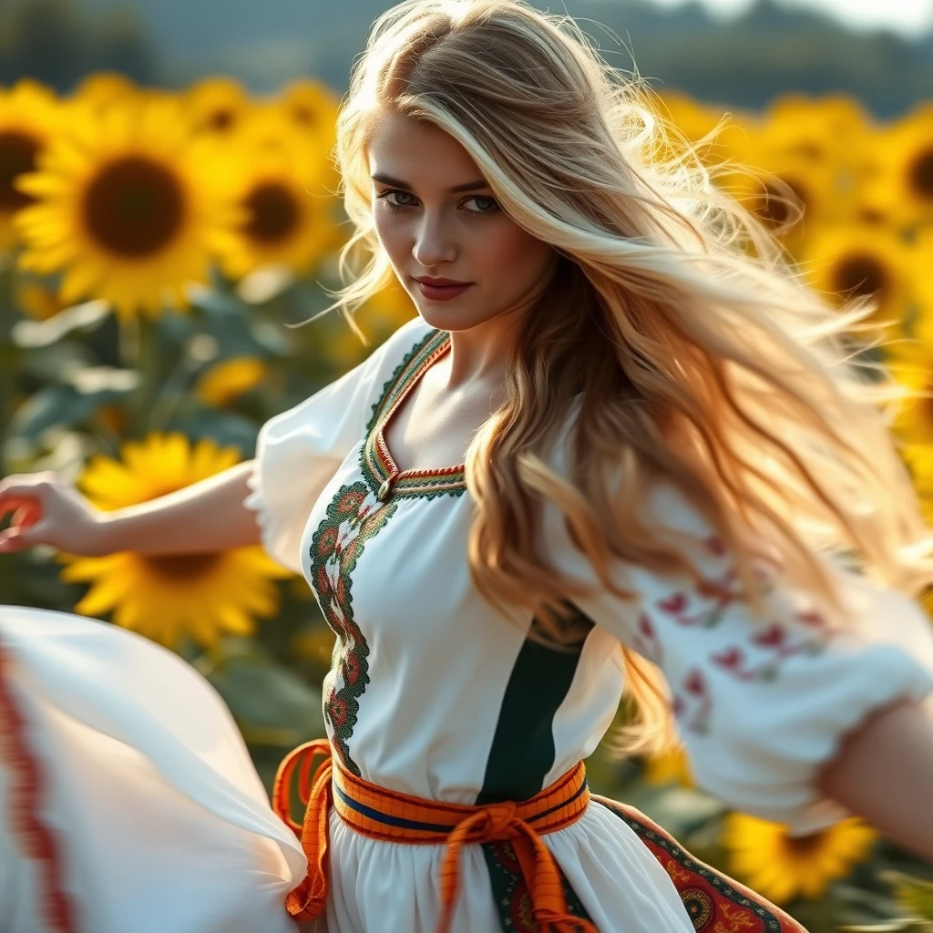 A young Ukrainian woman dancing in a sunflower field, 20 years old, blonde, with light in her eyes, (Ukrainian traditional costume: 1.4), Style by Rick Remender, Motion blur, Movement, Full body, Award-winning work. - Image