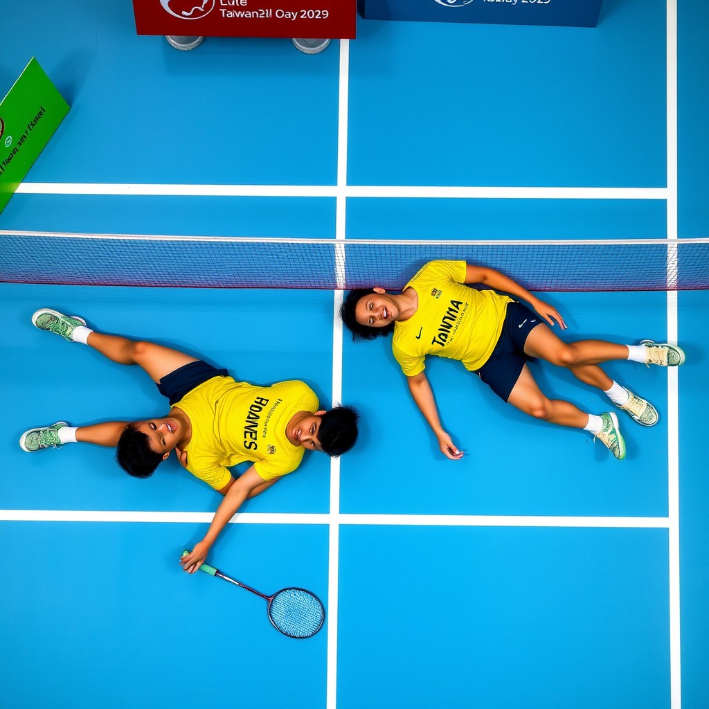 "When the Taiwanese men's badminton doubles won, one was lying on the court while the other was happily lying on the court, wearing a yellow jersey, from a bird's-eye view." - Image