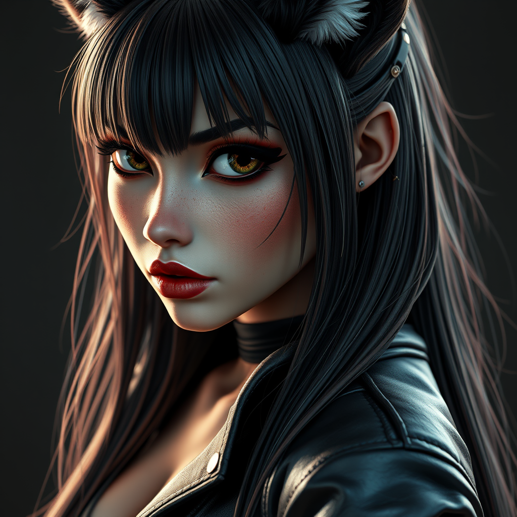 Wolf Girl, anthropomorphic, punk, beautiful make-up, eyebrow piercing, leather jacket, long hair with fringes, stylish, charming, beautiful slender body, close-up, digital graphics, great composition, octane rendering, masterpiece, sharp focus, ultra-realistic, highly detailed, art station, concept art, perfect composition, cinematic visualisation, a model of ultra-high quality and clarity, perfect play of light and shadow, 32k UHD, complex artistic masterpiece. - Image