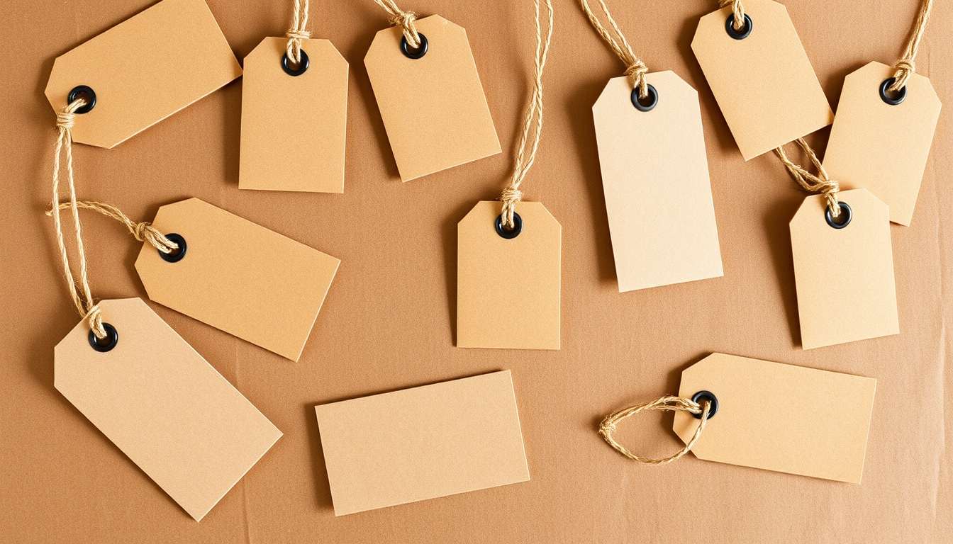 Multiple blank brown cardboard labels with string and black eyelets are placed on a brown paper, forming a textured backdrop. - Image