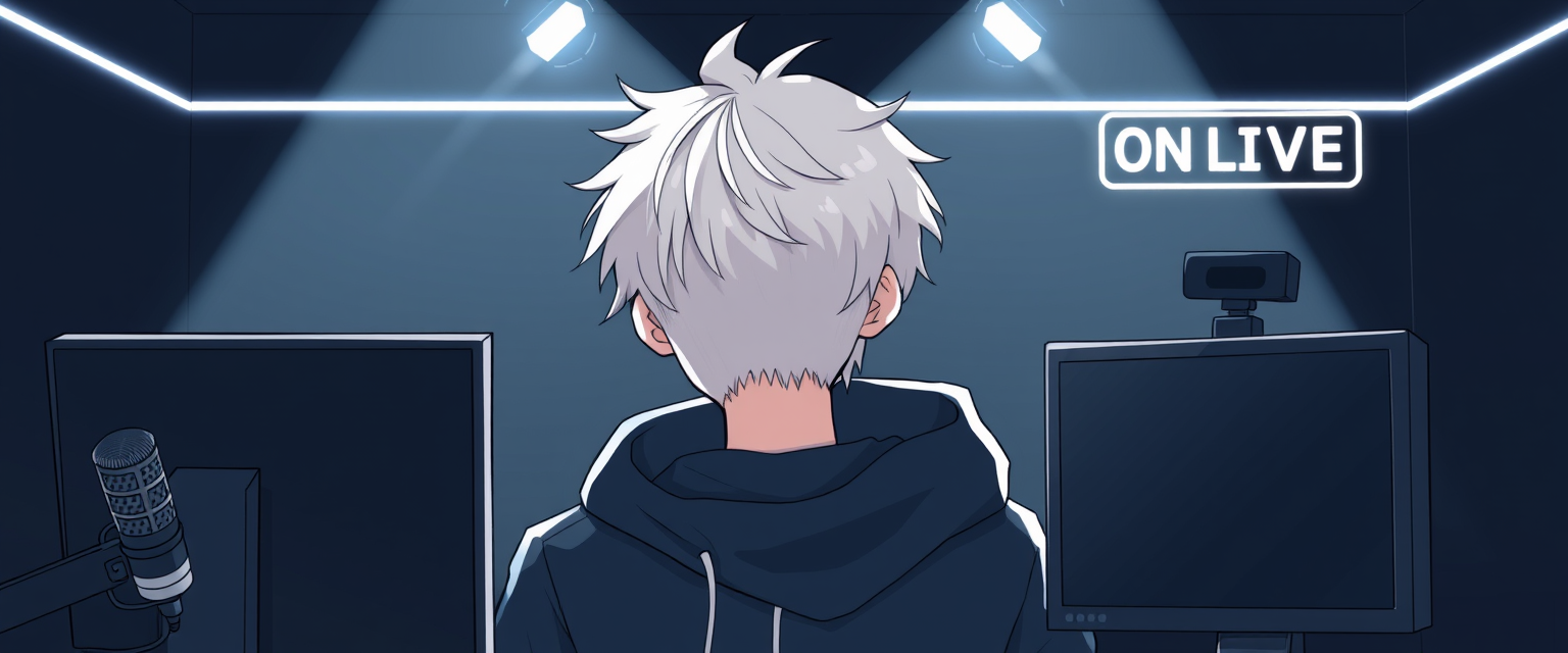 Image resembling a drawing of a boy with white hair and a black hoodie in a gamer setup with spotlights ahead, looking at two monitors with black screens in a black room with low white neon lights and a small white sign that says ON LIVE at the top right, with a podcast-type microphone to his left and a webcam-type camera on top of a monitor to his right.