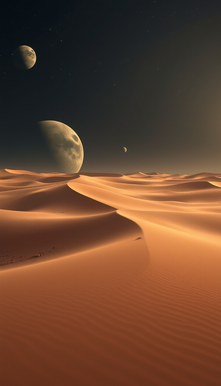 A desert of sand dunes with planets and dark skies dimmed and low light. - Image