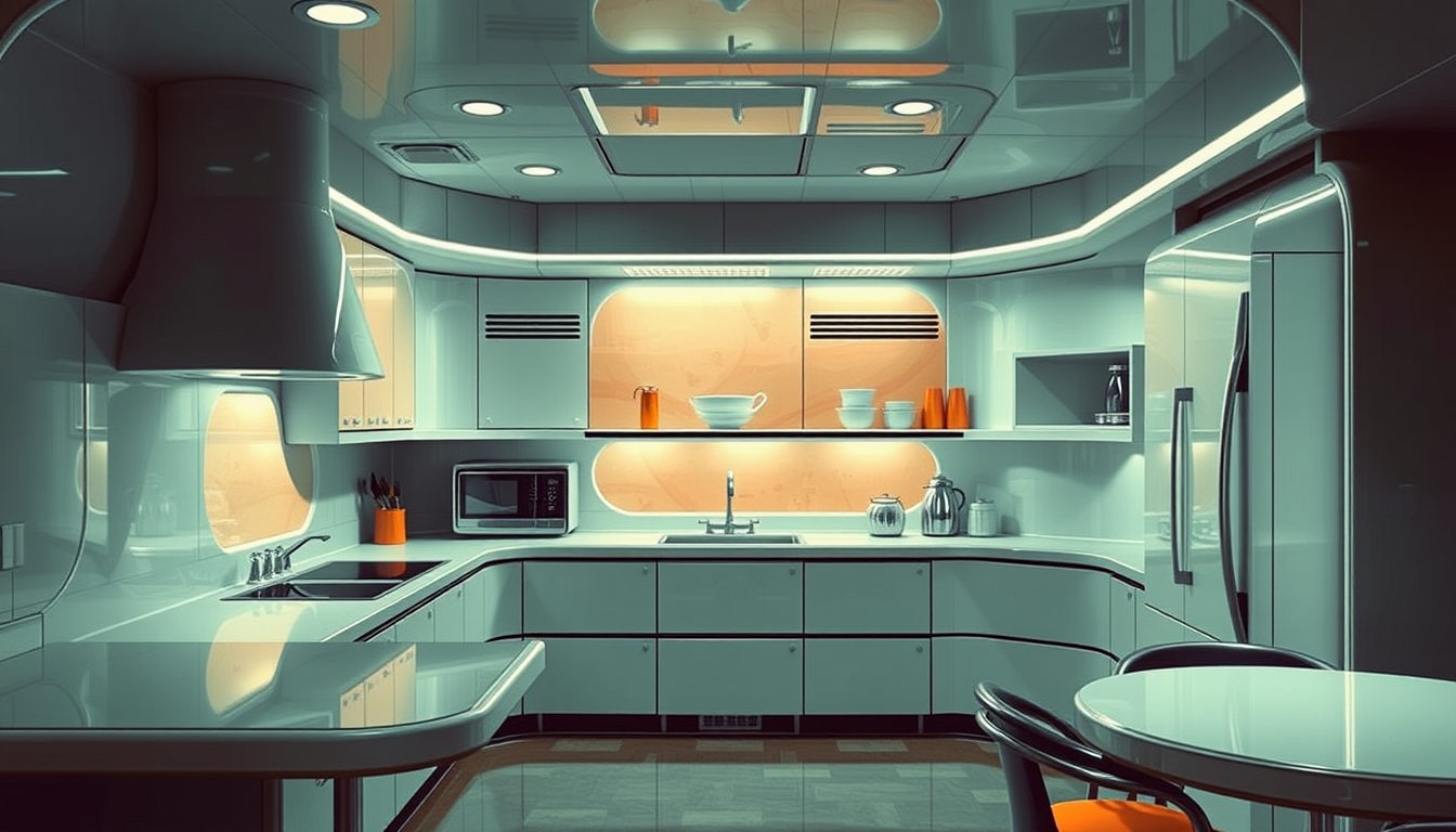 A futuristic kitchen from 1960, a painting by Syd Mead, 4k.