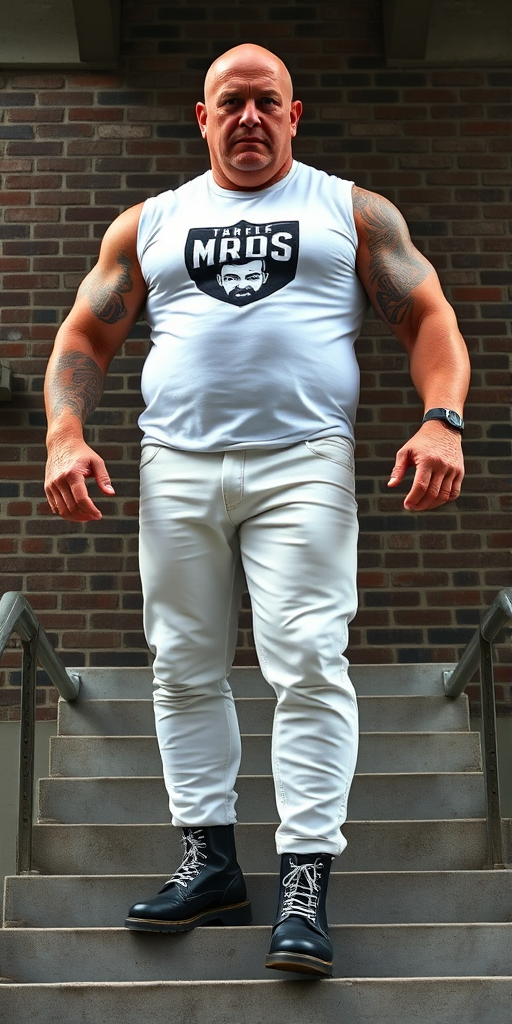 A towering, muscular 60-year-old skinhead bodybuilder stands confidently on concrete stairs, his gleaming bald head contrasting with his light skin. Clad in a striking white graphic t-shirt, tattooed arms flex beneath the sleeveless fabric. Tight bleached denim trousers highlight his powerful legs, complemented by knee-high Dr. Martens boots with white laces. The rugged brick wall and metal handrails create an industrial backdrop, enhancing the imposing presence of this behemoth.