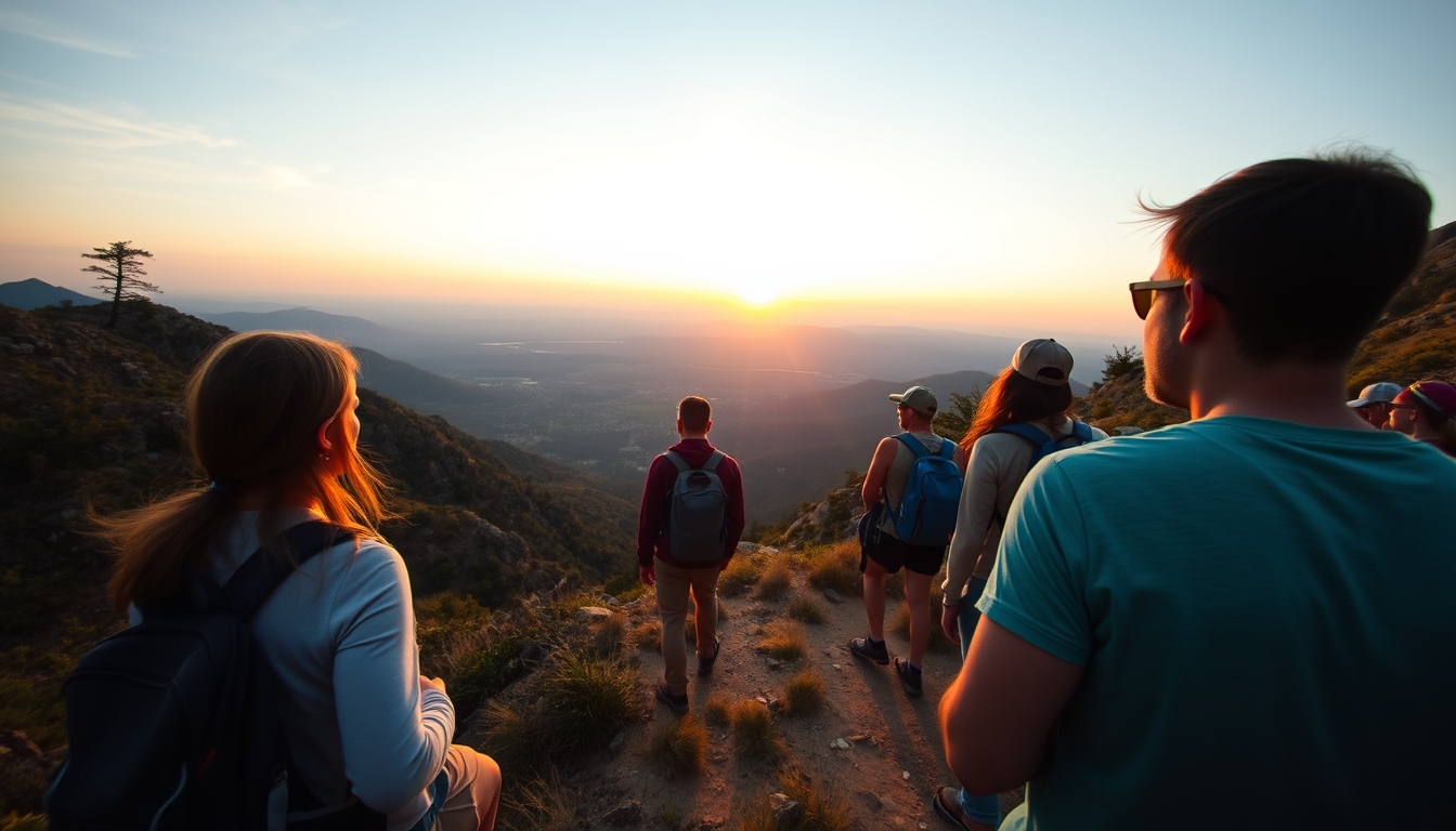 A wide-angle shot of a group of friends hiking up a mountain trail, with expansive views of the valley below and the sun setting on the horizon.