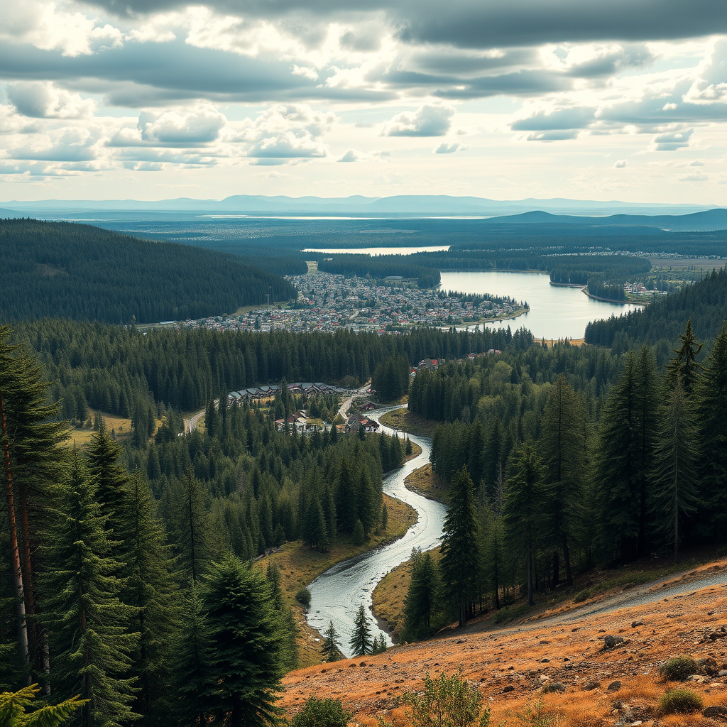 cities skylines, plan of a small village in the woods by a river that flows into a lake, view from public beach - Image