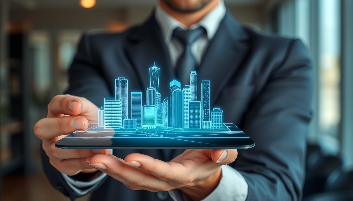 A Real Estate Agent Holding a Hologram with a City Model on the Screen