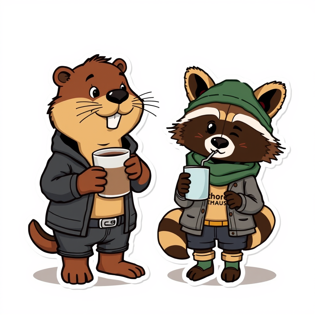 Cartoon guy beaver drinking coffee and girl raccoon, dressed in human clothes, drinking coffee. sticker style. - Image