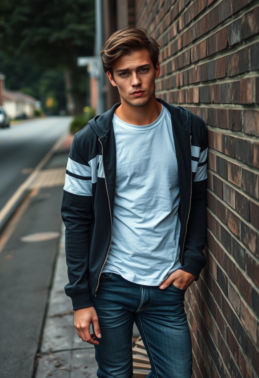 Jamie Dornan head and body shot, handsome, young, serious face, dark brown hair, white T-shirt, college jacket, skinny jeans, sneakers, standing in a hot style, making pouting lips, near a town road, leaning against a wall, hyper-realistic, street photography, brick wall, full body photo.