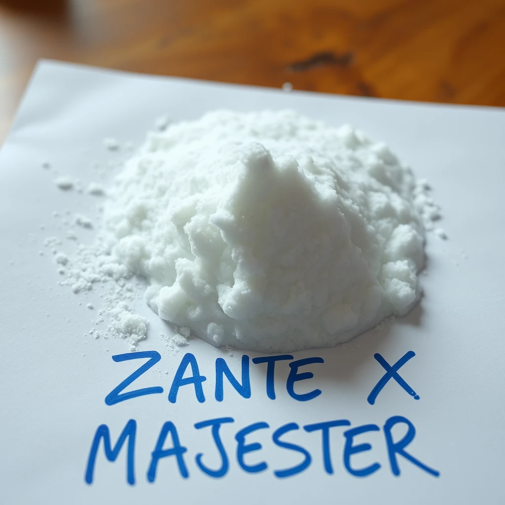 There is cocaine on a table and there is paper under it, it says "ZANTE X MAJESTER" in blue on the paper.