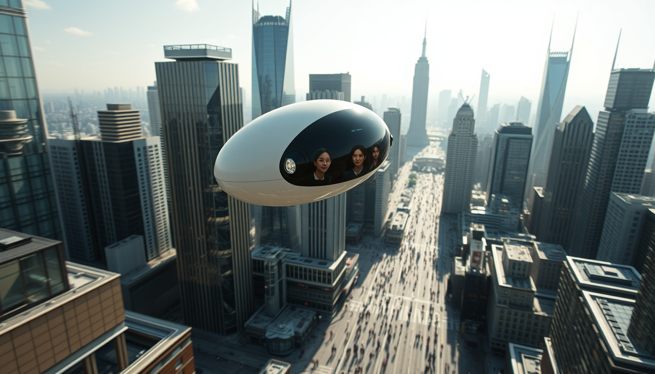 Create a high-resolution image of a breathtaking futuristic city. The skyline should be filled with towering skyscrapers. Include a light-colored elliptical balloon-type robot hurtling through the air with tiny black balancers on either side of the balloon. The balloon-shaped robot has a bird's eye view of the city. The streets should be bustling with people, featuring Asian faces, all wearing fashion-forward attire. Focus on the small balloon-shaped robot as it performs its rounds in the sky, with beautiful sunlight reflecting off the glass surfaces of the buildings, creating an atmosphere of excitement and technological innovation. Very sharp and realistic details, 32K.