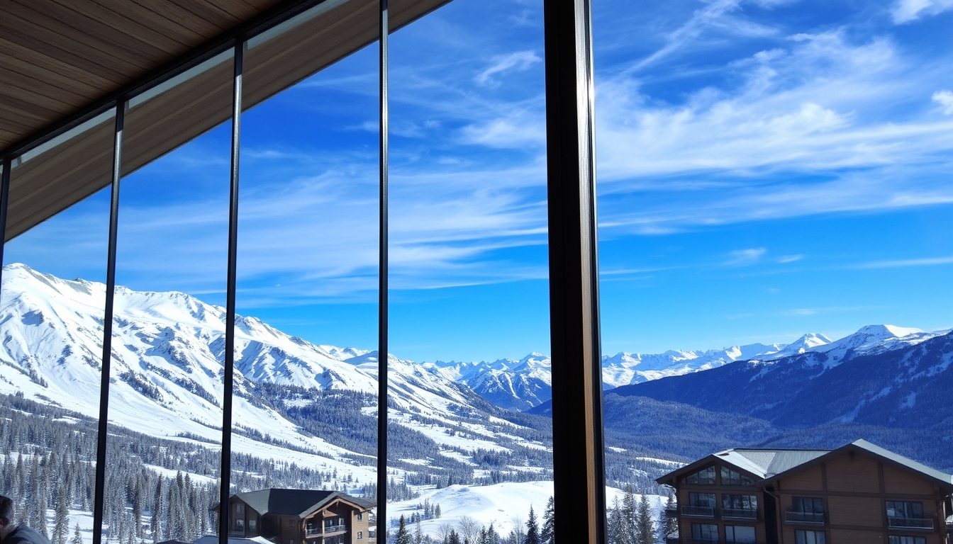 A dramatic mountain landscape viewed through the glass walls of a ski lodge.