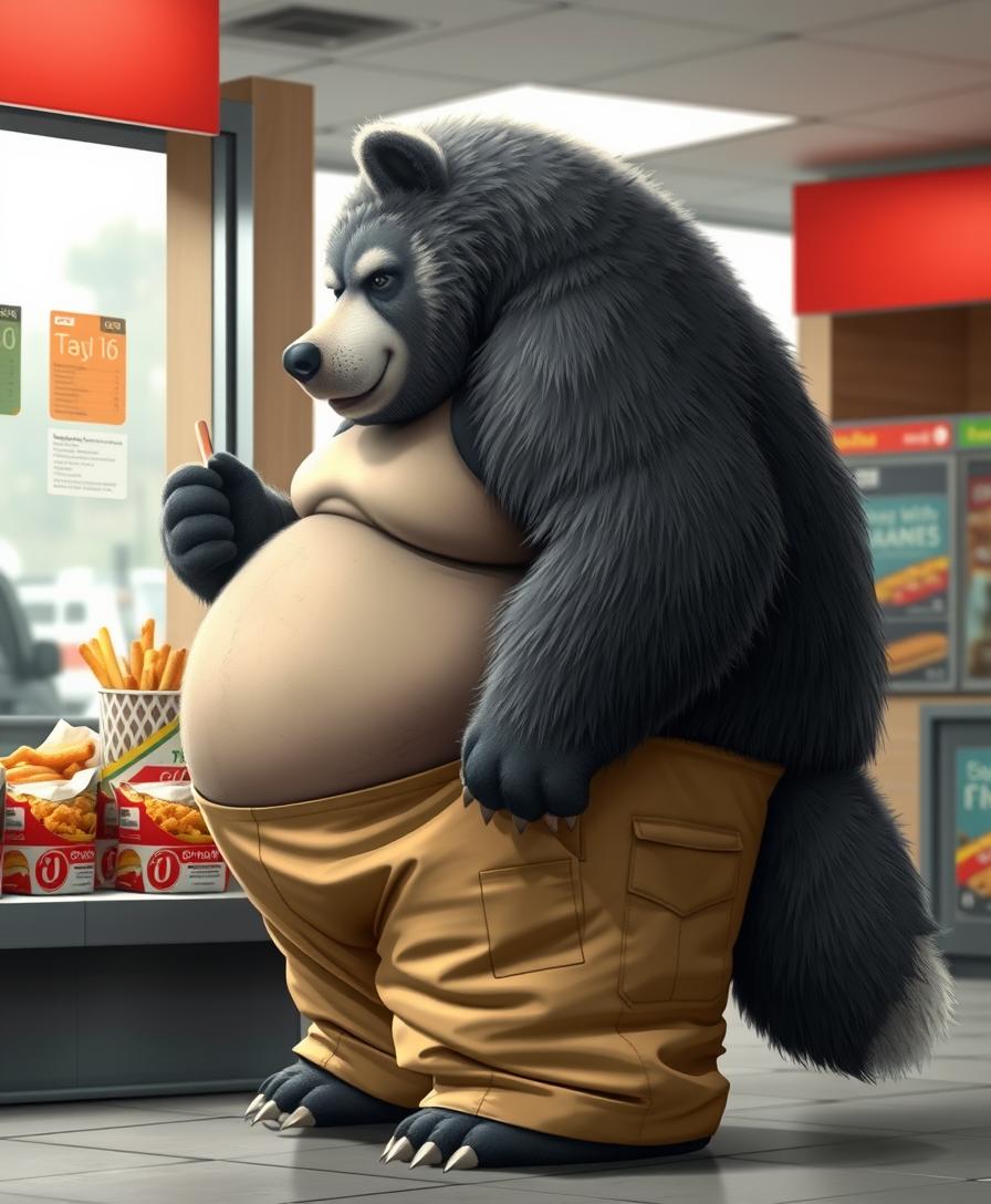 Quarter view, anthropomorphic obese gray bear-wolf hybrid, blended features. Gray and black fur with tan and white fur markings. He has a heavyset body, wide fat bottom, and fat wide double chins. Tan obese big fat baggy cargo pants. Obese double belly overflowing. Wide waist. Thick tail. Full body. Uncropped. Fluffy fur. Ordering food from a fast food restaurant. Digital art, semi-realistic.