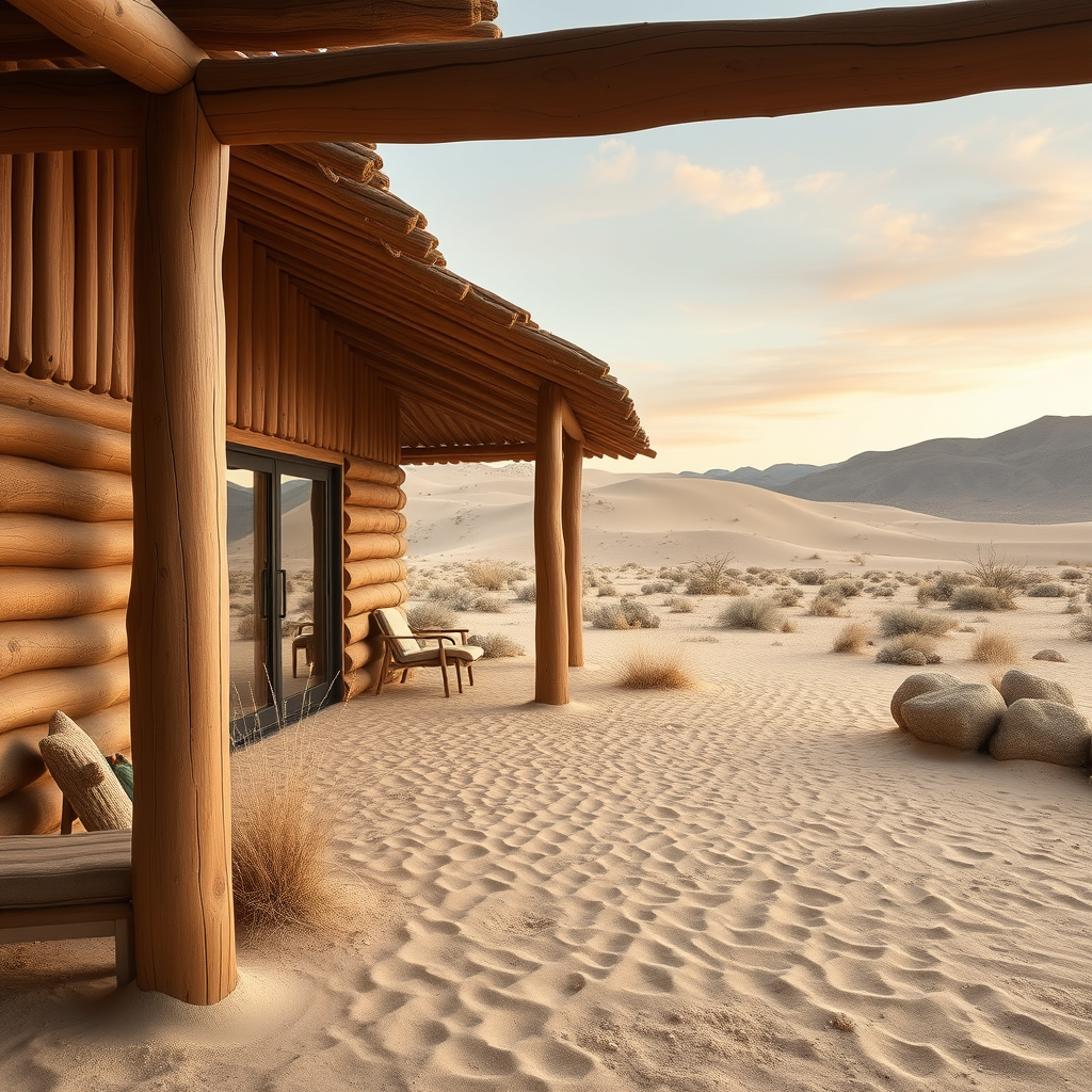 A lodge inspired by desert sand dunes, featuring wooden posts and a desert landscape.