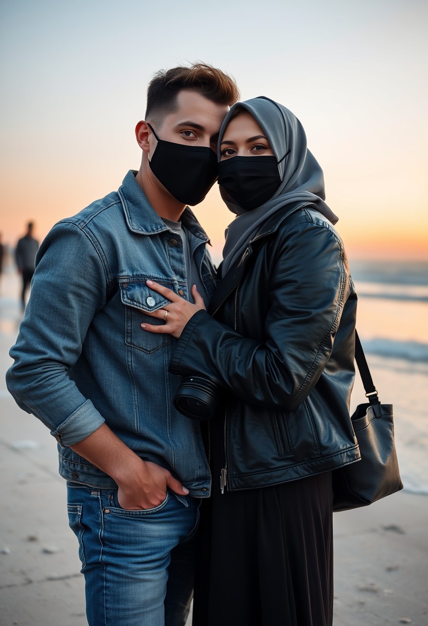 Jamie Dornan's head and body shot, handsome, black face mask, denim jacket, jeans, dating, love couple, with the biggest grey hijab Muslim girl, black face mask, beautiful eyes, black leather jacket, biggest skirt, taking a photo at the beach, DSLR Canon camera, sunrise, hyper-realistic, street photography, selfie.