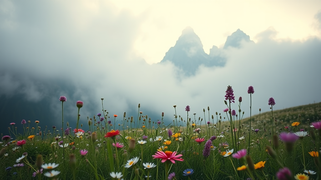 a field of wildflowers in front of a mountain with fog in the background, by Giuseppe Camuncoli, a macro photograph, dolomites, mythical floral hills, meadow with flowers, gentle mists, meadow, vast lush valley flowers