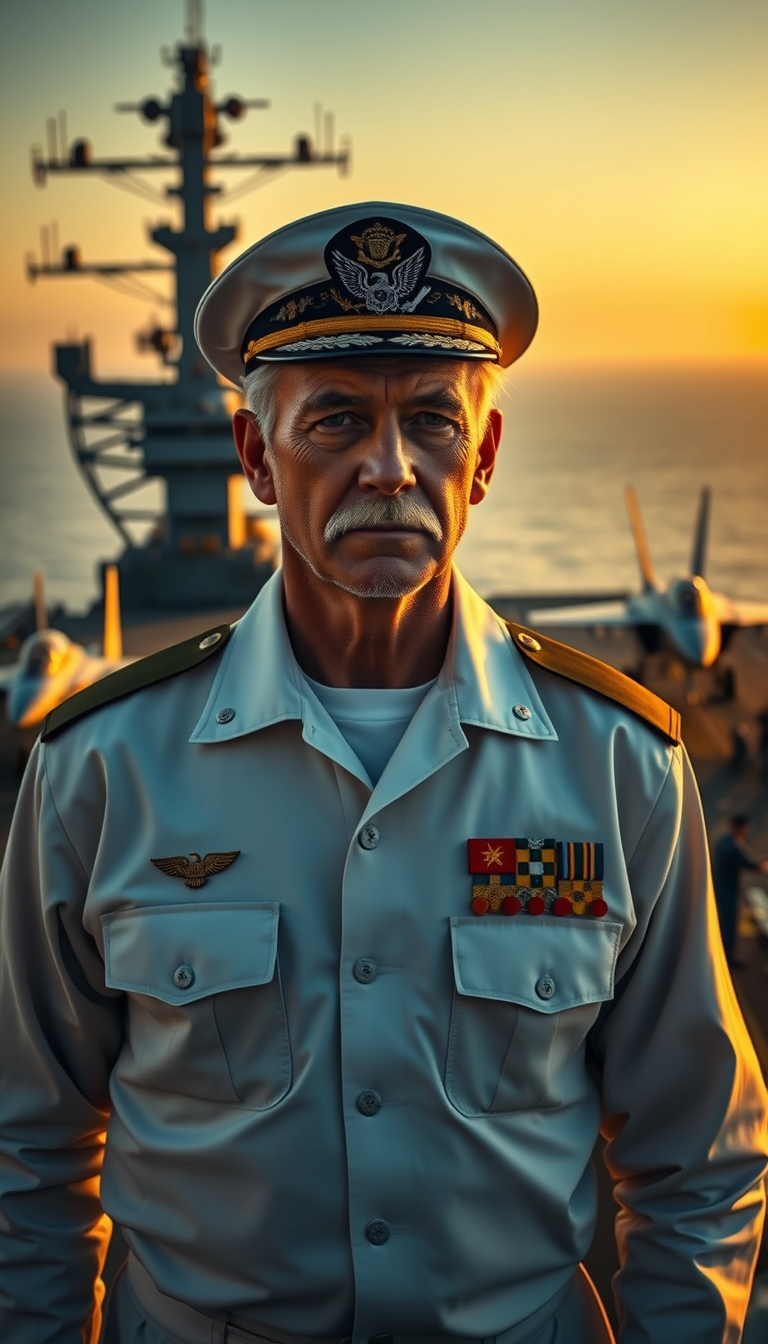 Main Character: A distinguished and weathered American Naval Admiral in his mid-40s, with a stern yet resolute expression, stands on the deck of an aircraft carrier. He is dressed in a crisp, impeccably maintained Navy uniform, adorned with numerous medals and decorations that speak to a long and decorated career. His posture is upright and commanding, reflecting his years of experience and authority. His gaze is fixed on the horizon, conveying a sense of focus and determination.
Background: The vast flight deck of a modern American aircraft carrier stretches out behind the Admiral. The scene is bustling with activity as sailors and crew members go about their duties. Fighter jets stand ready for takeoff, their sleek silhouettes adding to the powerful atmosphere. The vast ocean stretches out to the horizon, meeting the sky in a hazy line. The scene is bathed in the warm, golden light of either sunrise or sunset, creating a dramatic and visually stunning backdrop.
Visual Style: The visual style should be that of professional, cinematic photography, emphasizing realism and detail. The image should capture the immensity of the aircraft carrier and the vastness of the ocean, conveying the power and reach of the Navy. The lighting should be natural and dramatic, highlighting the Admiral's features and the details of his uniform. The overall tone should be one of strength, determination, and unwavering service.