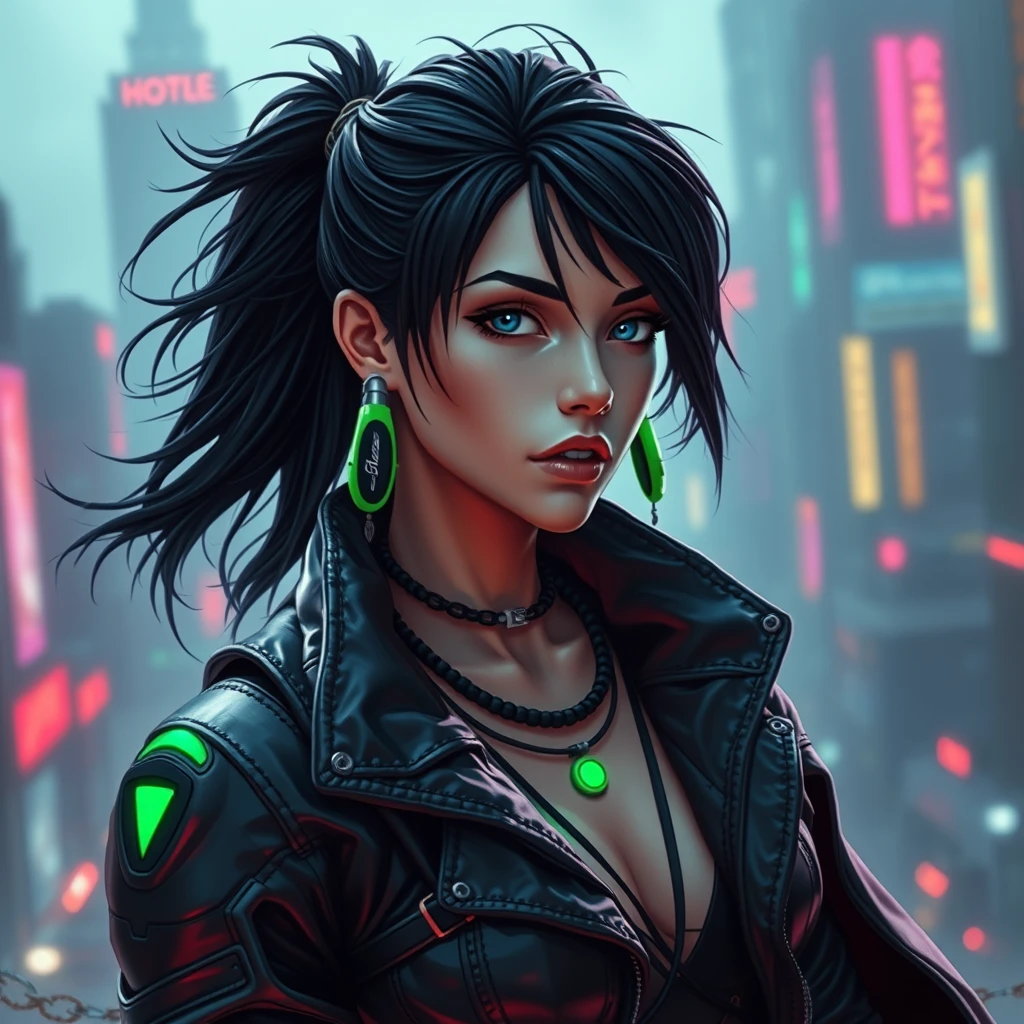 Cyber style of women warrior with rugged black hair and cybernetic implants | merging leather garments with futuristic cyberpunk elements | flowing robes and high-tech armor plating | dystopian cityscape background | in deep blue and neon green. hyper-real, 8k, AR, cute face style, no up. - Image