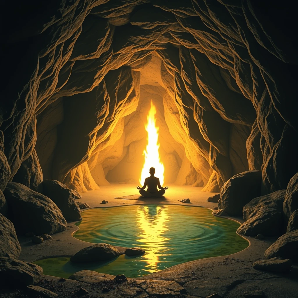 "A cave, a practitioner meditating inside, facing a flame, with vibrant spring outside the cave entrance and a clean ground."