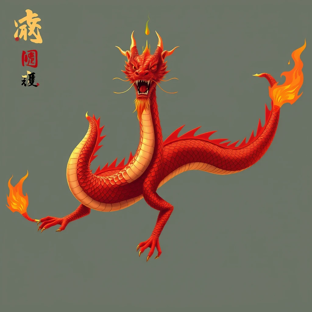 Please generate an image based on the following description:

Basic Form
Body Shape: The Candle Dragon is described as a massive red dragon, measuring a thousand miles long, showcasing its enormous body and endless majesty. This size not only symbolizes its strength but also implies its important status in ancient Chinese mythology.
Color: The Candle Dragon is covered in red scales that shimmer in the sunlight, hot and dazzling like flames. This color not only adds to its sense of mystery but also makes it a symbol of fire.

Head Features
Face: The Candle Dragon has a human-like face, making it particularly unique among the many divine beasts. Its eyes are slanted and long, exuding an air of unrivaled dominance. There are claims that the Candle Dragon's left eye represents the sun, and its right eye represents the moon; opening the left eye brings daytime, while opening the right eye brings nighttime, further emphasizing its control over time and light.
Mouth: The Candle Dragon can open its mouth very wide, revealing sharp teeth and a tongue that resembles flames. This image is not only intimidating but also symbolizes its power to consume everything.
Horns and Whiskers: The head of the Candle Dragon is adorned with horns and whiskers, which further enhance its majesty and mystery. The horns symbolize strength, while the whiskers convey a sense of wisdom and ancientness. - Image