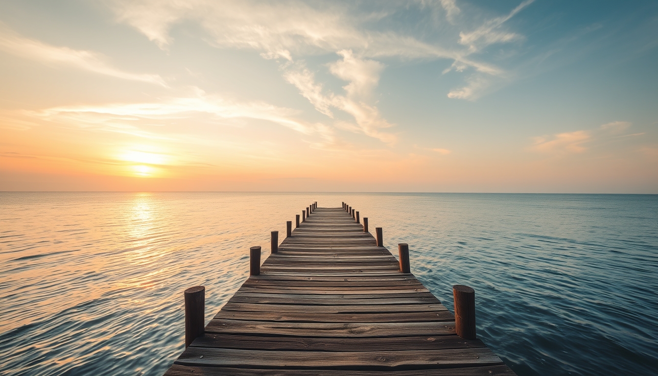 A rustic wooden pier stretching into the sea with sunset background.