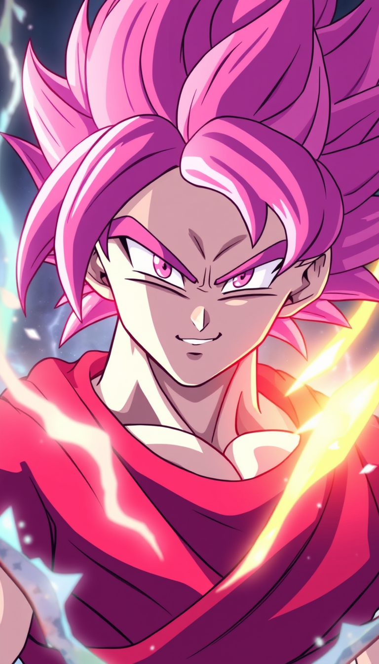 Son Goku with pink hair and pink eyes lighting, Dragon Ball anime art style.