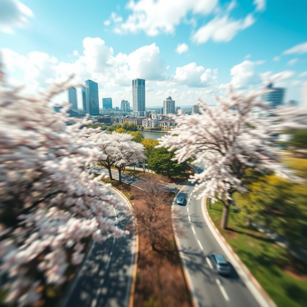 Dynamic realistic rendering of the city, cherry blossoms, trees, roads, sky, white clouds, blue sky, bright colors of flowers, rich details, Tilt-shifted photos. Selective Focus, Miniature Effect, Blur Background, High Detail, Bright, Perspective Control, Natural Oblique Image, Green Belt, Flowers, Cherry Blossoms, Trees, Urban River Background, Clouds, Detailed, Cinematic Atmosphere. Highly detailed, high-budget, widescreen film, 35mm film, tinted, epic, sharp focus, film grain, grainy. - Image