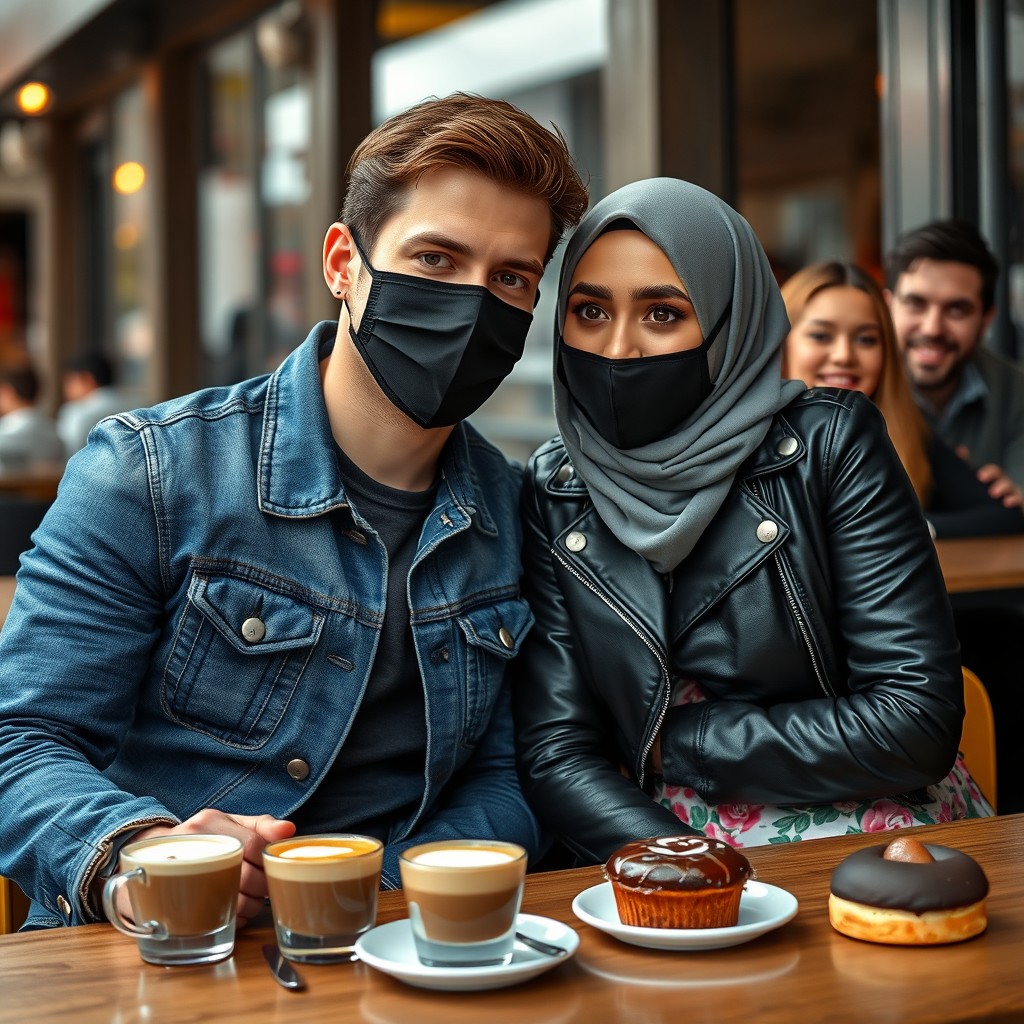 Jamie Dornan's head and body shot, handsome, black face mask, blue jeans jacket, jeans, dating love with a Muslim girl in a grey hijab, beautiful eyes, black face mask, black leather jacket, the biggest floral skirt, at a cafe, 2 cups of latte, muffin cake, chocolate donut on a table, with another 4 friends smiling in the background, photorealistic, hyper-realistic, street photography, selfie. - Image