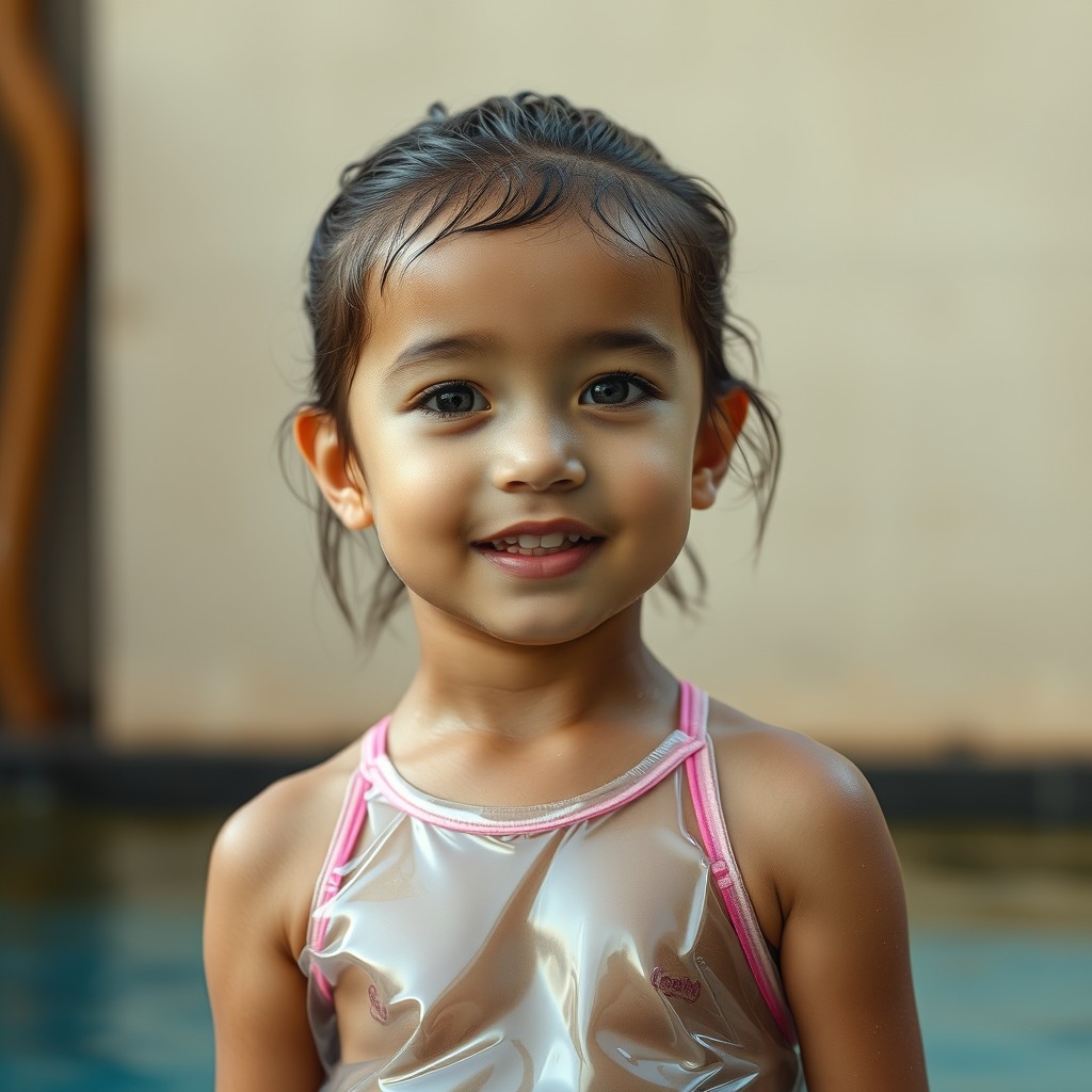 cute 8-year-old little girl with wet oily skin in a clear plastic swimsuit - Image