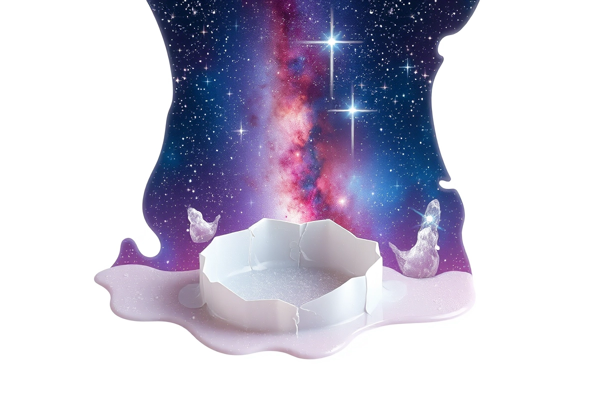 The stars of the galaxy flow out from the broken eggshell like liquid, with a pure white plane as the background.