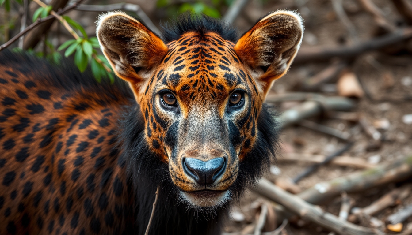 A stunning portrait of an endangered animal in its natural habitat, with a focus on its expressive eyes and the surrounding environment. - Image