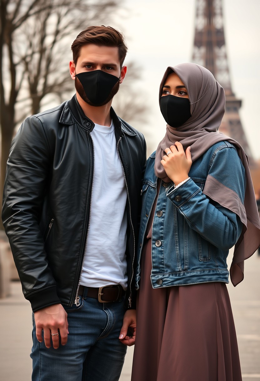 Jamie Dornan, handsome, black face mask, black leather jacket, jeans, dating, love couple with the biggest hijab Muslim girl, beautiful eyes, black face mask, jeans jacket, biggest skirt, wedding rings, Eiffel Tower, realistic, street photography. - Image