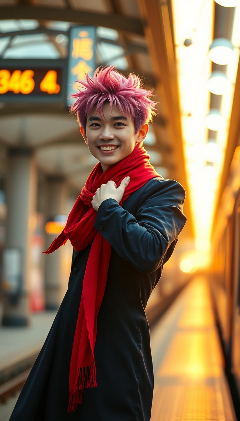 A Japanese guy wearing a dark blue long sleeve dress with a red scarf around his neck, pink spiky hair, full of spirit and with an energetic expression, during the golden hour, with a Tokyo train station background and bokeh. - Image