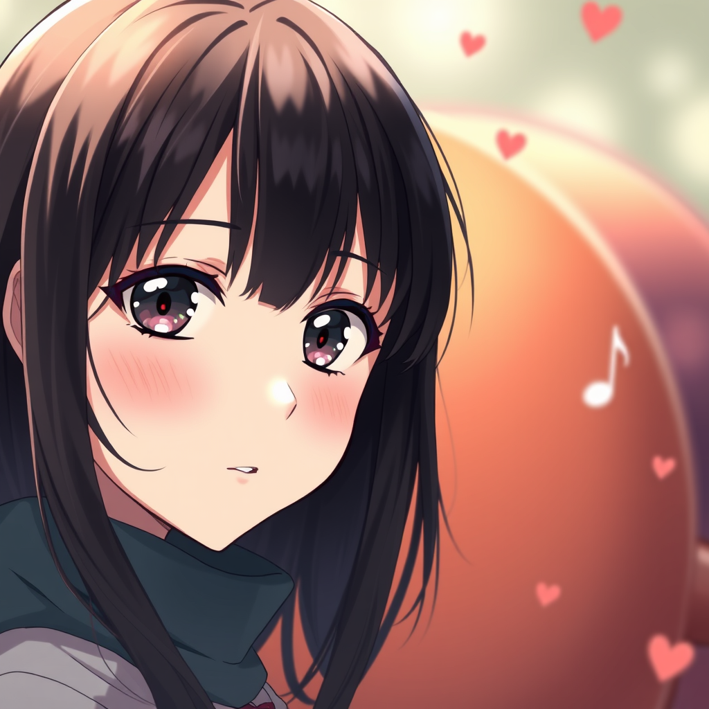 A girl in a close-up shot looking at the camera with black hair in an anime style. Add some melodiousness or something like that, but not directly referring to music, like using some instruments, but abstractly showing it, maybe with notes or something else, and more love in the photo.