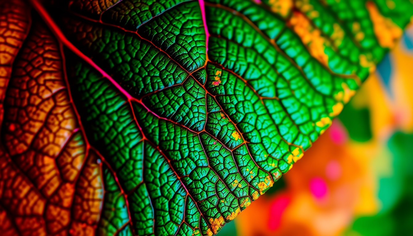 A close-up of a leaf with intricate details, transformed into an abstract digital pattern with vibrant colors and bold shapes.