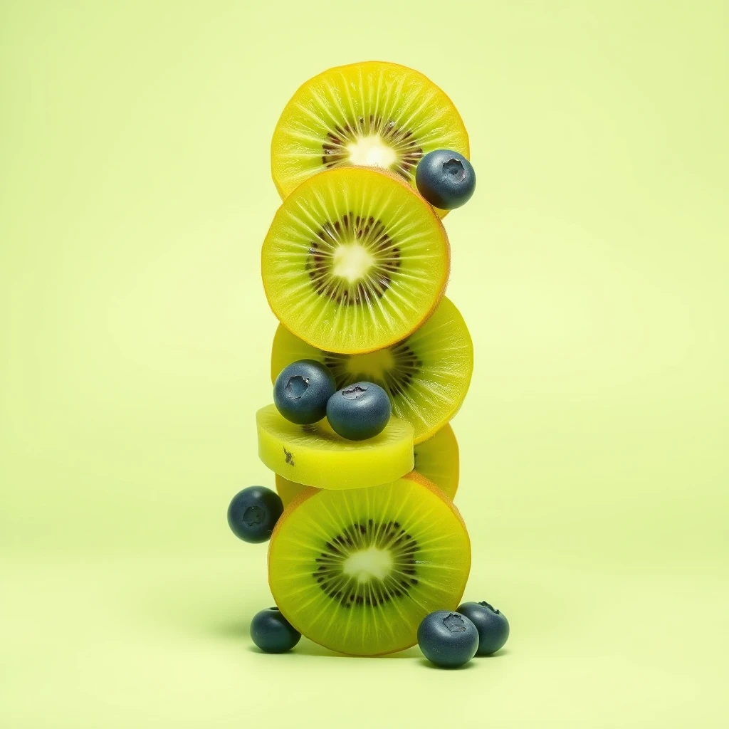 Create an image featuring slices of kiwi fruit arranged in a vertical stack, appearing as if they are floating in mid-air. The kiwi slices should be interspersed with small blueberries, giving a sense of movement and lightness. The background should be a smooth gradient of light green, providing a fresh and vibrant backdrop that complements the colors of the fruit. The overall composition should emphasize a sense of balance and harmony, with the fruits centered in the image.