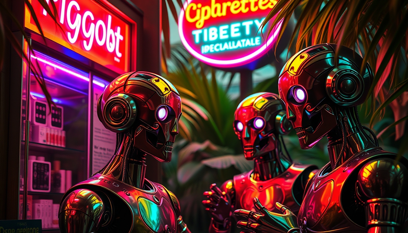 A detailed shot of the robots selling cigarettes in kiosks made from metallic and glass materials under vibrant neon-lit signs. The robots have human-like features, emphasizing a bizarre yet fascinating contrast with their natural surroundings. Surreal and vivid, combining the raw, untamed beauty of the Amazon Jungle with otherworldly psychedelic visuals and futuristic, neon-lit cyberpunk elements.